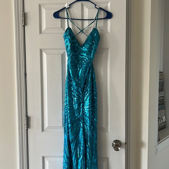 LULUS PROM DRESS - Sparkle 'til Dawn Teal Blue Sequin Lace-Up Mermaid Maxi Dress - Picture 4 of 11